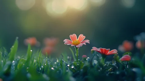 Gentle sunrise daisy glowing softly in a dewy meadow.