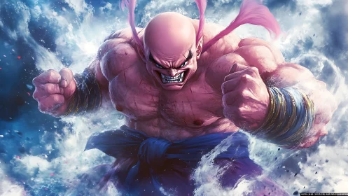 Pink muscular warrior charging through crashing energy waves.