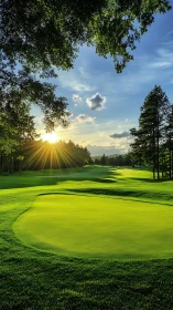 Sunlit golf green with fairway shadows at low golden hour