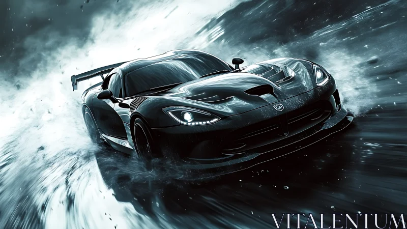 Midnight supercar drifting through stormy water spray.