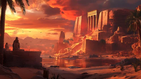 Cinematic sunset over monumental desert temple with volumetric lighting