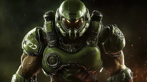 Armored space warrior marches from infernal green haze.