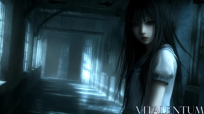 Quiet schoolgirl lingering in a lonely haunted hallway.