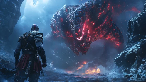 Armored warrior faces massive lava dragon in icy ravine.