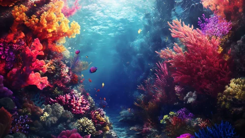 Chromatic coral reef canyon under volumetric caustic lighting