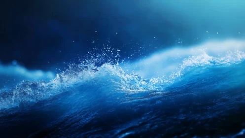 Dynamic cobalt ocean wave under ethereal blue backlight.