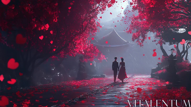 Lovers Under Crimson Cherry Blossoms at Temple Gateway.