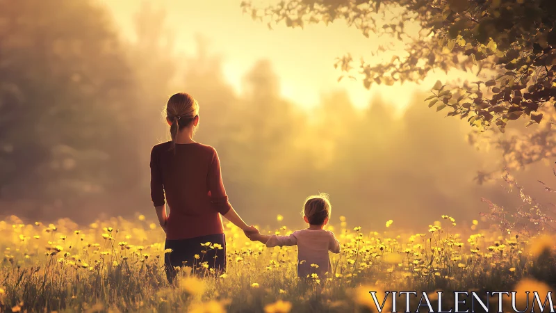 Adult and child standing in sunlit meadow of yellow flowers.