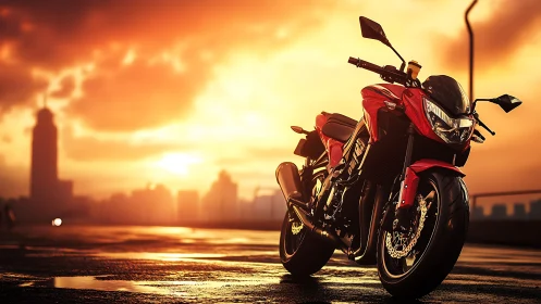 Sunset street warrior idle on a glowing rooftop highway.