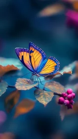 Vibrant orange butterfly rests on leaves in dreamy teal haze