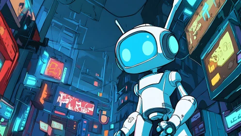 Friendly robot explores neon cyber alley with glowing billboards.