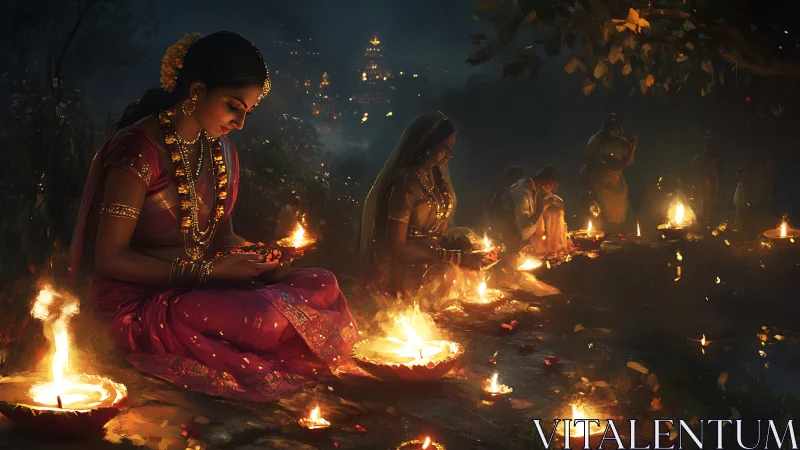 Women in Traditional Attire Lighting Diyas at Night, Festive Style.