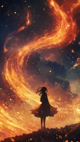 Silhouetted figure amid swirling cosmic firestream composition.