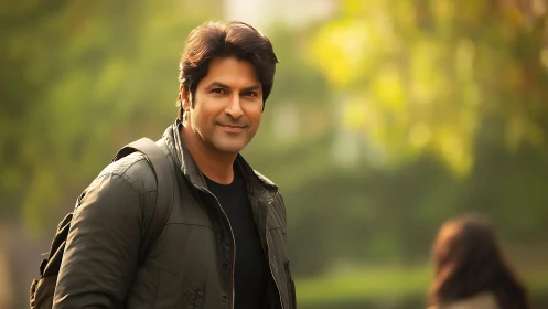 Softly lit man outdoors with backpack in warm bokeh scene.