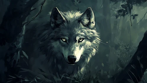 Lone wolf emerges from a shadowed forest in luminous silence