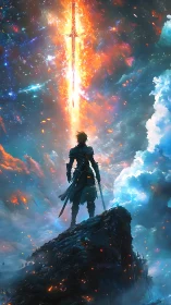 Lone warrior studies celestial sword fissuring a nebular sky