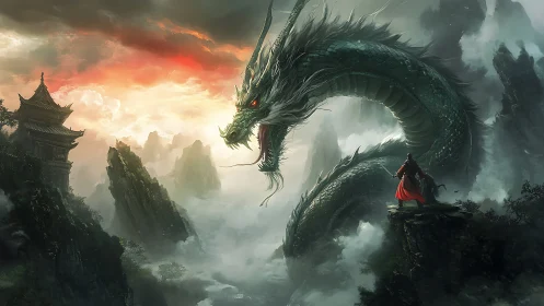 Dragon coils through misty peaks as lone warrior confronts fate.