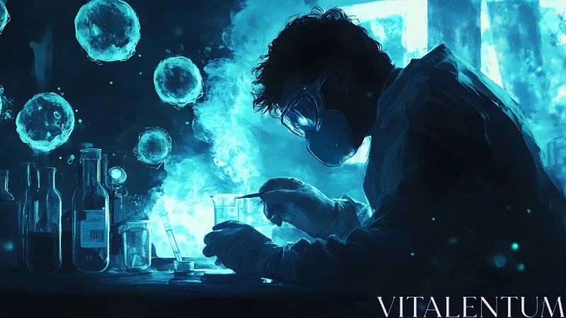 Neon-lit scientist conducts glowing lab experiment at night.