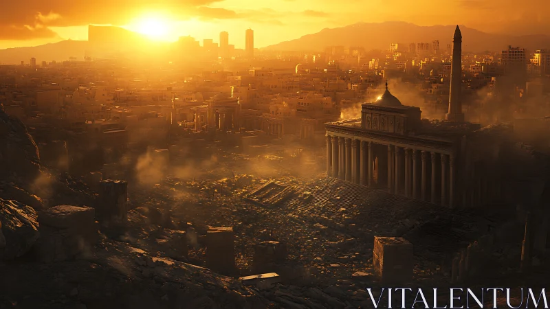 Ruined classical temple complex stands before dense sunset city