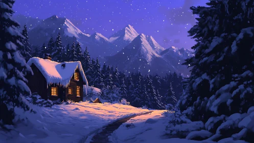 Cozy winter cabin glowing softly beneath snowy peaks.