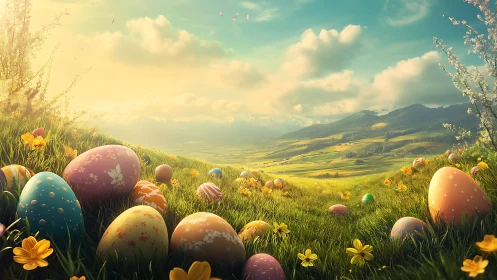 Pastel Easter eggs in sunlit alpine meadow landscape panorama.