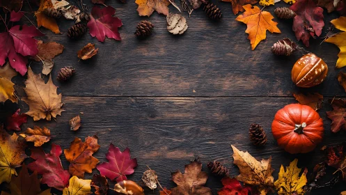 Autumn leaves, pumpkins and pinecones on dark wood table.