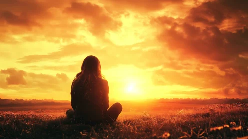 Woman Sitting in Field Watching Vibrant Sunset, Cinematic Style.