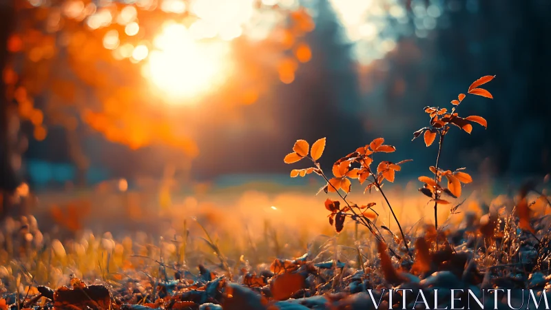 Golden autumn sunrise bathes forest floor in warm glow
