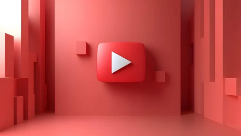 3D YouTube Play Button Icon in Minimalistic Red Geometric Room.