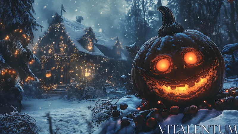 Glowing jack o’ lantern in snowy forest cottage scene.