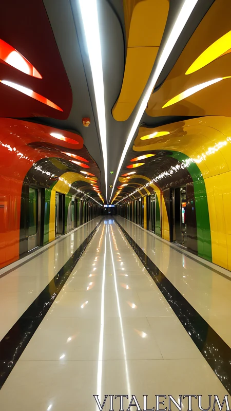 Chromatic metro corridor with mirrored perspective lighting.