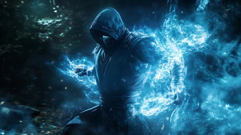 Hooded elemental warrior channels blue spectral energy.