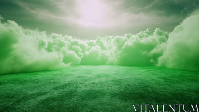 Emerald cloudscape over surreal open plain at sunrise.