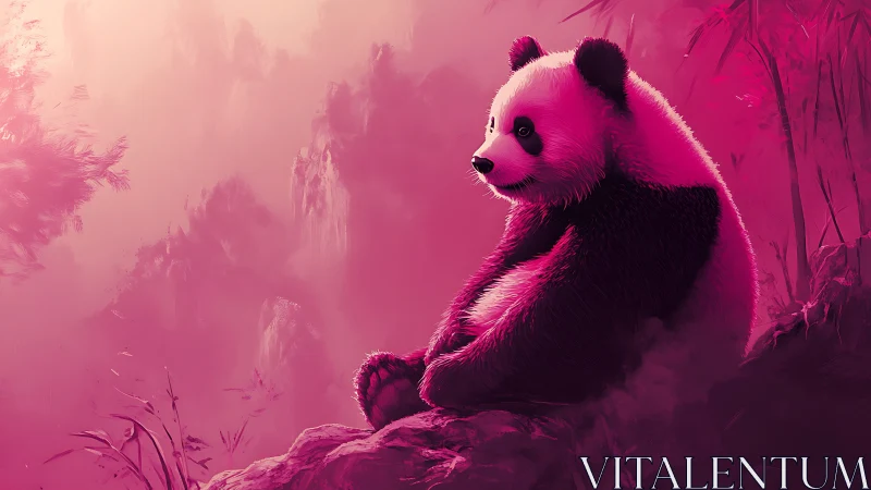 Dreamy pink panda resting in a misty bamboo wonderland.
