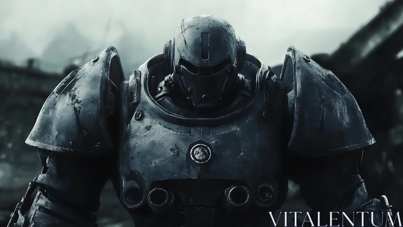 Heavily armored exosuit sentinel in weathered battle configuration.