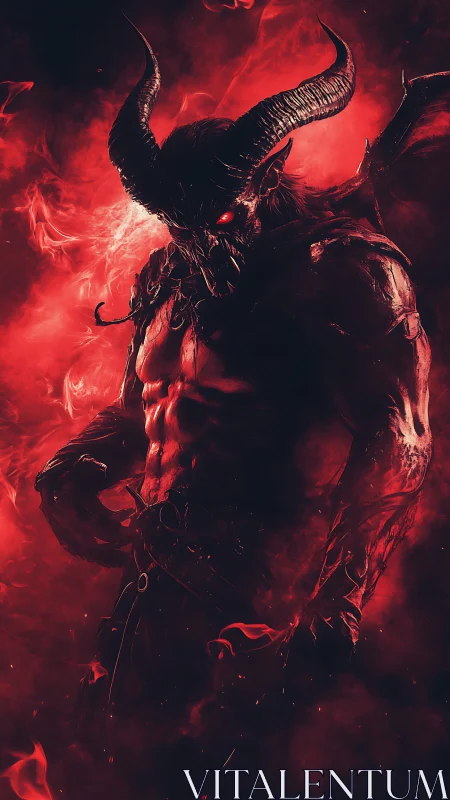 Infernal horned demon warrior in cinematic red smoke scene.
