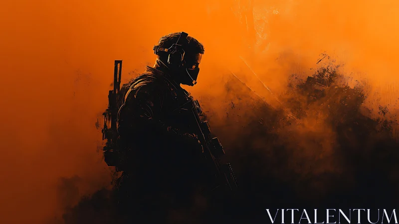 Silhouetted soldier strides through glowing orange battle haze
