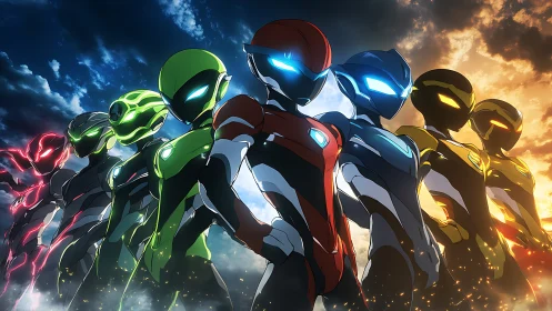 Seven armored humanoid figures in colored suits aligned.