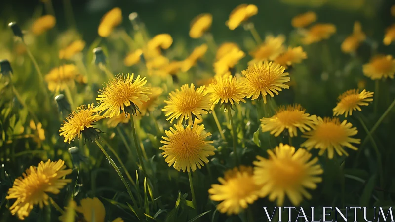Taraxacum officinale blooms with vibrant yellow petals and linear green stems.