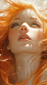Radiant red-haired girl gazes upward in shimmering light.