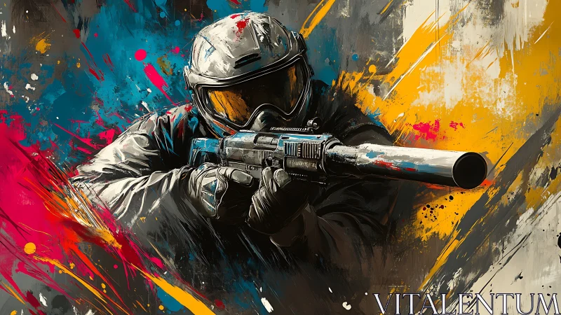 Armored shooter with rifle in abstract color splashes.