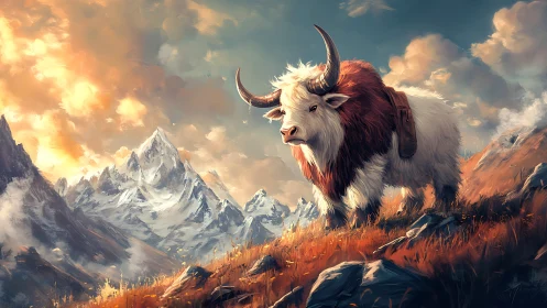 Horned mountain pack animal on alpine ridge at sunset.