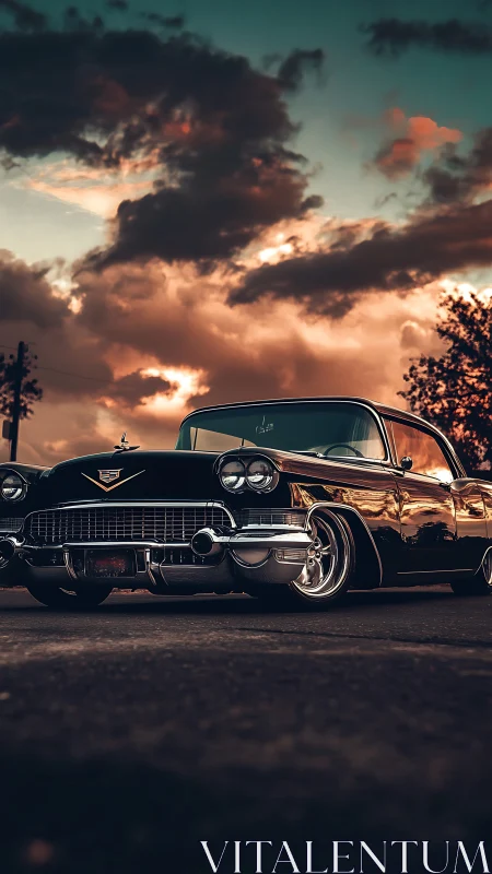 Vintage black Cadillac coupe on street under dramatic sky.