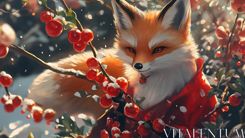 Winter fox spirit gazes through snowlit red berries calmly.