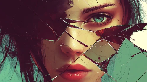 Digital painting portrait with fractured mirrored surface composition.