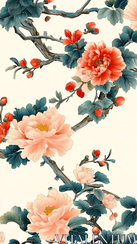 Classical Botanical Composition with Coral Peonies and Gnarled Branches.