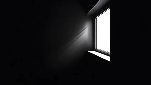 Sharp window light cuts through deep shadow in a dark room