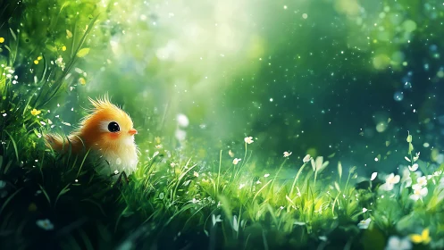 Tiny golden chick resting in a dreamy sunlit meadow.