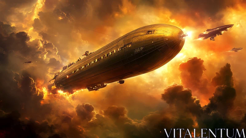 Solarstorm dirigible armada cruising a burning skyward sea.