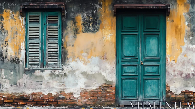 Weathered teal door and shuttered window enrich a rustic wall